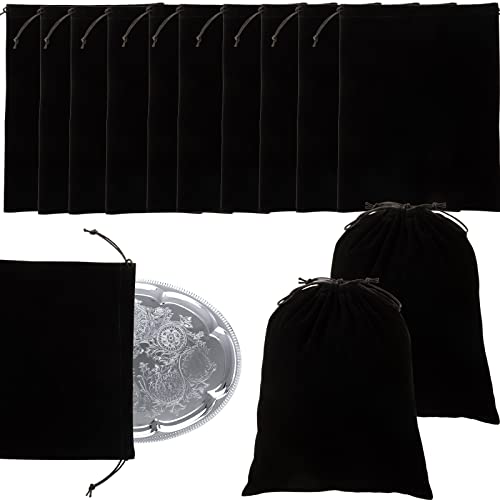 12 PCS Silver Storage Bags Anti-Tarnish Cloth Bag Silver Polishing Fabric Cloth Keeper Bag for Silver Storage Jewelry Silverware Protection Flatware Silverplate Tarnish Cleaning (Black, 9 x 11.8 Inch)