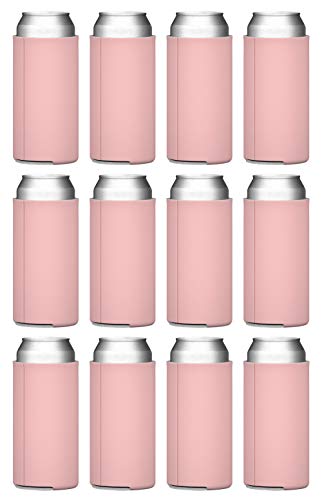 TahoeBay Slim Can Cooler Sleeves (12-Pack) Insulated Polyfoam, Scuba Knit Polyester Fabric Thermocoolers for 12oz Tall Skinny Beverage Cans - Blank Design, Ready for Printing (Blush)