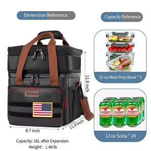 LOKASS Insulated Lunch Bag For Men Work, 16L, PU Coating Tactical Lunch Box for Adults/Women, Dual Compartment Reusable Waterproof Leakproof Lunchbag with Shoulder Strap, Cooler Bag, Black, Large