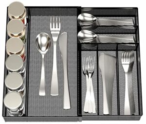 jane eyre sturdy utensil drawer organizer, cutlery tray, silverware/flatware storage divider for kitchen, mesh designing with non-slip rubber feet (black)
