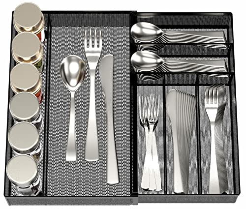 JANE EYRE Sturdy Utensil Drawer Organizer, Cutlery Tray, Silverware/Flatware Storage Divider for Kitchen, Mesh Designing with Non-slip Rubber Feet (Black)