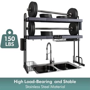 MAJALiS Over Sink Dish Drying Rack, Stainless Steel 2 Tier Large Dish Drainer Above Sink Adjustable 27.5" - 33.5", Expandable Kitchen Counter Organizer Storage Shelf with 6 Hooks