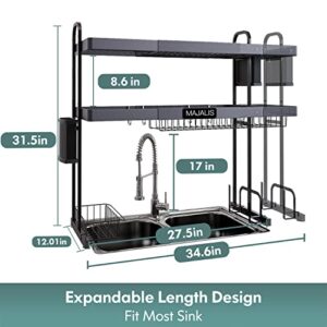 MAJALiS Over Sink Dish Drying Rack, Stainless Steel 2 Tier Large Dish Drainer Above Sink Adjustable 27.5" - 33.5", Expandable Kitchen Counter Organizer Storage Shelf with 6 Hooks