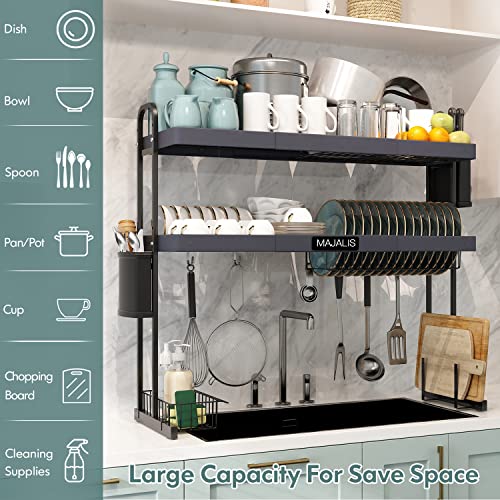 MAJALiS Over Sink Dish Drying Rack, Stainless Steel 2 Tier Large Dish Drainer Above Sink Adjustable 27.5" - 33.5", Expandable Kitchen Counter Organizer Storage Shelf with 6 Hooks