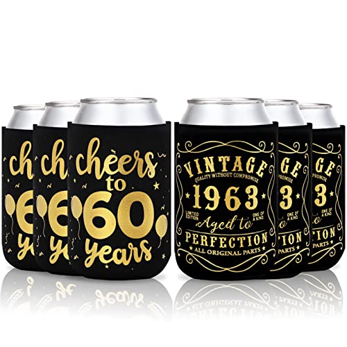 Cheers to 60 Years Can Sleeves Vintage 1963 60th Birthday Party Favor Decorations Supplies Can Cover Sleeves Black and Gold Neoprene Sleeves for Soda Can Beverage Set of 12