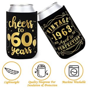 Cheers to 60 Years Can Sleeves Vintage 1963 60th Birthday Party Favor Decorations Supplies Can Cover Sleeves Black and Gold Neoprene Sleeves for Soda Can Beverage Set of 12