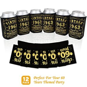 Cheers to 60 Years Can Sleeves Vintage 1963 60th Birthday Party Favor Decorations Supplies Can Cover Sleeves Black and Gold Neoprene Sleeves for Soda Can Beverage Set of 12