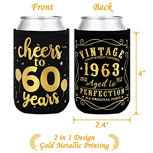 Cheers to 60 Years Can Sleeves Vintage 1963 60th Birthday Party Favor Decorations Supplies Can Cover Sleeves Black and Gold Neoprene Sleeves for Soda Can Beverage Set of 12