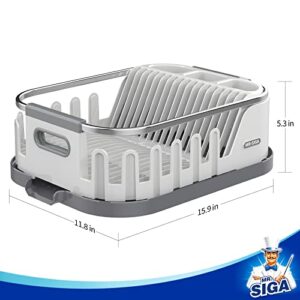 MR.SIGA Dish Drying Rack for Kitchen Counter, Compact Dish Drainer with Drainboard, Utensil Holder and Cup Rack, White