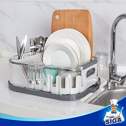 MR.SIGA Dish Drying Rack for Kitchen Counter, Compact Dish Drainer with Drainboard, Utensil Holder and Cup Rack, White