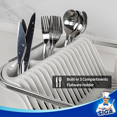 MR.SIGA Dish Drying Rack for Kitchen Counter, Compact Dish Drainer with Drainboard, Utensil Holder and Cup Rack, White