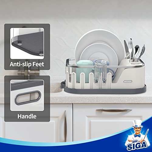 MR.SIGA Dish Drying Rack for Kitchen Counter, Compact Dish Drainer with Drainboard, Utensil Holder and Cup Rack, White