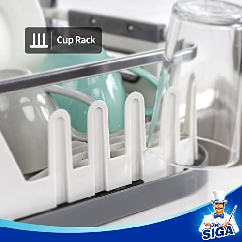 MR.SIGA Dish Drying Rack for Kitchen Counter, Compact Dish Drainer with Drainboard, Utensil Holder and Cup Rack, White