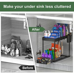 Under Sink Organizers And Storage Liftable Sink Shelf, ONADAK 2 Tier Sliding Under Bathroom Cabinet Organizer Drawer with 4 Hooks & 1 Hanging Cup Under Kitchen Sink Storage Bathroom Organizer(Black)