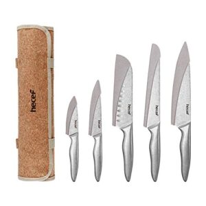 hecef vintage style kitchen knife sets,scratch resistant camping matte knives with 5 slots recycled oxford cloth knife roll bag & covers,stonewashed high carbon stainless steel blades & hollow handle
