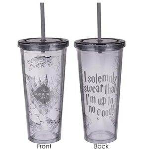 harry potter marauder’s map travel cup with straw – i solemnly swear that i am up to no good – acrylic tumbler with silver design – 22 oz