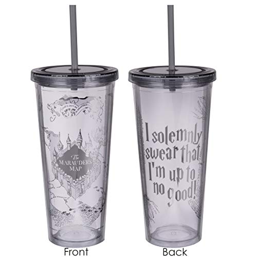 Harry Potter Marauder's Map Travel Cup with Straw - I Solemnly Swear That I Am Up to No Good - Acrylic Tumbler with Silver Design - 22 oz