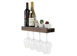 rustic state smith wall mounted wood floating wine bottle rack with glassware holder stemware shelf storage organizer – home, kitchen, dining room bar décor -walnut