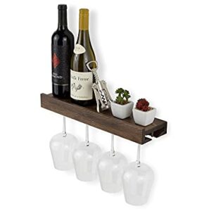 Rustic State Smith Wall Mounted Wood Floating Wine Bottle Rack with Glassware Holder Stemware Shelf Storage Organizer - Home, Kitchen, Dining Room Bar Décor -Walnut