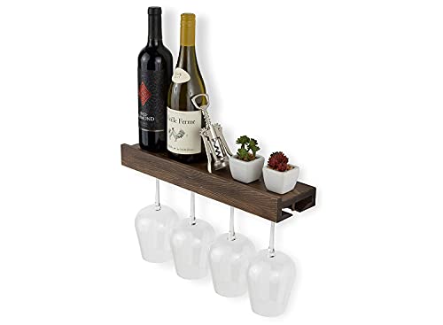 Rustic State Smith Wall Mounted Wood Floating Wine Bottle Rack with Glassware Holder Stemware Shelf Storage Organizer - Home, Kitchen, Dining Room Bar Décor -Walnut