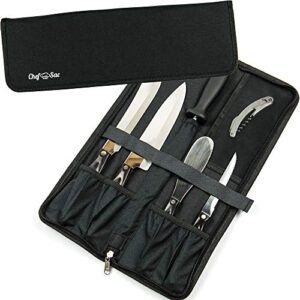 chef knife bag travel folder knife case | 4 pockets for knives & kitchen tools | special slot for honing rod | camp chef accessories | durable knife holder for chefs & culinary students (black)