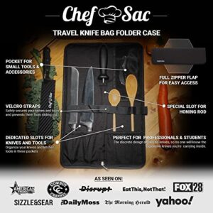 Chef Knife Bag Travel Folder Knife Case | 4 Pockets for Knives & Kitchen Tools | Special Slot for Honing Rod | Camp Chef Accessories | Durable Knife Holder for Chefs & Culinary Students (Black)