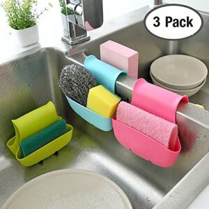 AIFUDA 3 Pack Saddle Silicone Sink Caddy, Sponge Soap Brush Holder Basket Organizer Storage for Kitchen (Blue, Green, Pink)