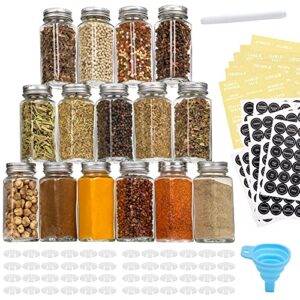 aozita 48 pcs glass spice jars/bottles – 4oz empty square spice containers with spice labels – shaker lids and airtight metal caps – silicone collapsible funnel included