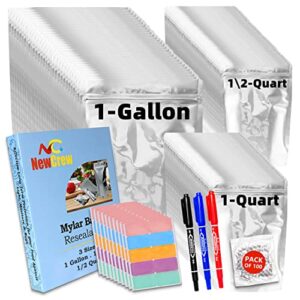 newcrew 100pcs mylar bags for food storage with 300cc oxygen absorbers, labels and pens,10 mil extra thick 1 gallon,1 quarter,½ quarter 10”x 14”/6×9”/5×7” stand-up zipper resealable mylar bags