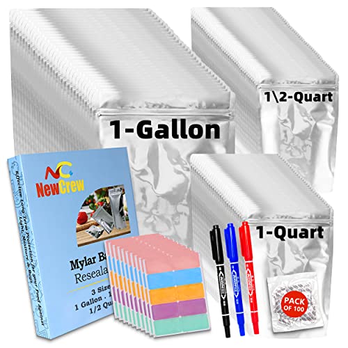 NewCrew 100pcs Mylar Bags for Food Storage with 300cc Oxygen Absorbers, Labels and Pens,10 Mil Extra Thick 1 Gallon,1 Quarter,½ Quarter 10”x 14”/6x9”/5x7” Stand-up Zipper Resealable Mylar Bags