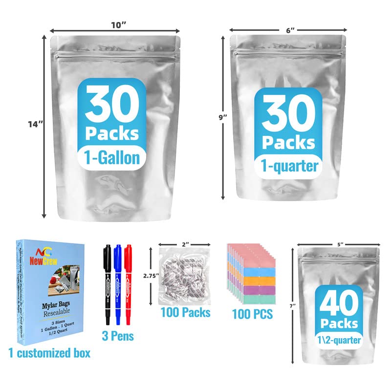 NewCrew 100pcs Mylar Bags for Food Storage with 300cc Oxygen Absorbers, Labels and Pens,10 Mil Extra Thick 1 Gallon,1 Quarter,½ Quarter 10”x 14”/6x9”/5x7” Stand-up Zipper Resealable Mylar Bags