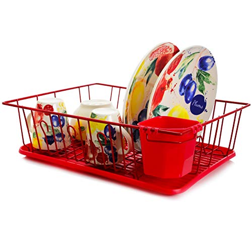 Mega Chef Dish Rack with 14 Plate Positioners and A Detachable Utensil Holder, Red