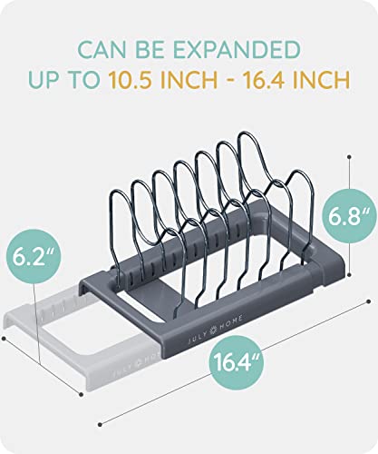 JULY HOME Expandable Pot and Pan Organizer Rack for Cabinet, Pot Lid Organizer Holder with 7 Adjustable Compartments, Cutting Board, Cookware, Bakeware & Frying Rack Organizer for Cabinet (Gray)