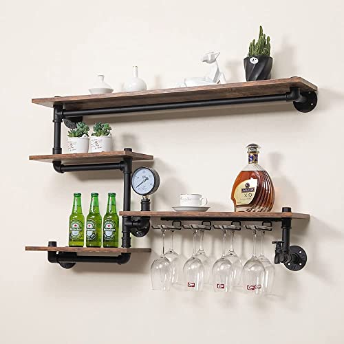 HEONITURE Industrial Pipe Shelves Wine Rack Wall Mounted with 4 Stem Glass Holder,Bar Shelves 39in Metal Hanging Wine Rack, Rustic Floating Pipe Shelf, Living Room Kitchen Decor Display Rack