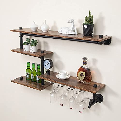 HEONITURE Industrial Pipe Shelves Wine Rack Wall Mounted with 4 Stem Glass Holder,Bar Shelves 39in Metal Hanging Wine Rack, Rustic Floating Pipe Shelf, Living Room Kitchen Decor Display Rack