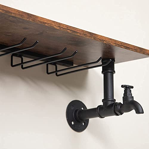 HEONITURE Industrial Pipe Shelves Wine Rack Wall Mounted with 4 Stem Glass Holder,Bar Shelves 39in Metal Hanging Wine Rack, Rustic Floating Pipe Shelf, Living Room Kitchen Decor Display Rack