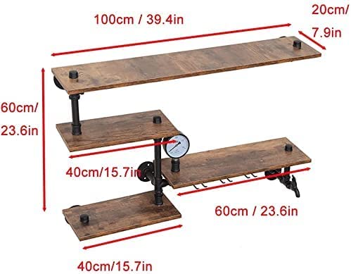 HEONITURE Industrial Pipe Shelves Wine Rack Wall Mounted with 4 Stem Glass Holder,Bar Shelves 39in Metal Hanging Wine Rack, Rustic Floating Pipe Shelf, Living Room Kitchen Decor Display Rack