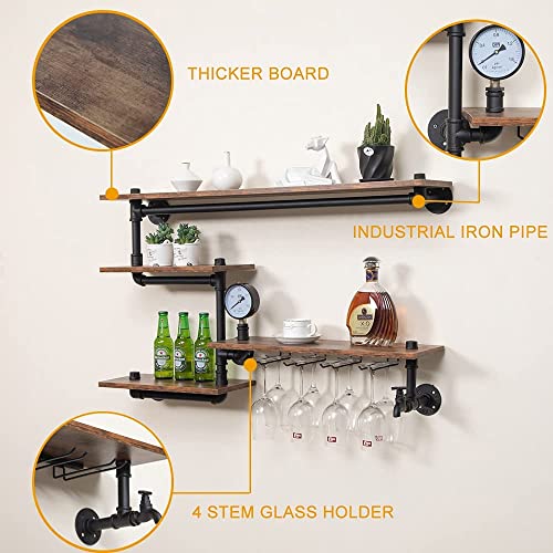 HEONITURE Industrial Pipe Shelves Wine Rack Wall Mounted with 4 Stem Glass Holder,Bar Shelves 39in Metal Hanging Wine Rack, Rustic Floating Pipe Shelf, Living Room Kitchen Decor Display Rack