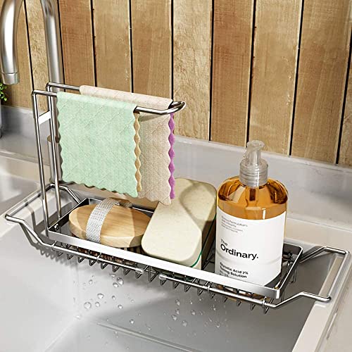 BEENLE 304 Stainless Steel Telescopic Sink Caddy Sponge Holder,Expandable Kitchen Sink Organizer Dish Drainer Rack Sink Tray Brush Soap Holder(16.7''- 21.3'') ,Silver