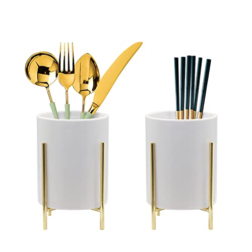 Kitchen Utensil Holder, Ceramic Utensil Holder with Metal Frame Chic & Modern Kitchen Cooking Utensil Holder, Robust Silverware Caddy 4.7*3.15 inch Gold 2 Piece Set