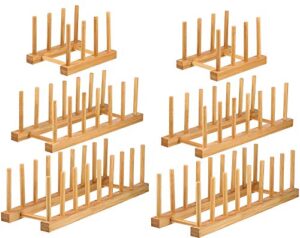 lawei set of 6 bamboo dish rack – 3/6/8 slots wooden plate rack stand pot lid holder dish drying rack for dish, bowl, cup, cutting board and more