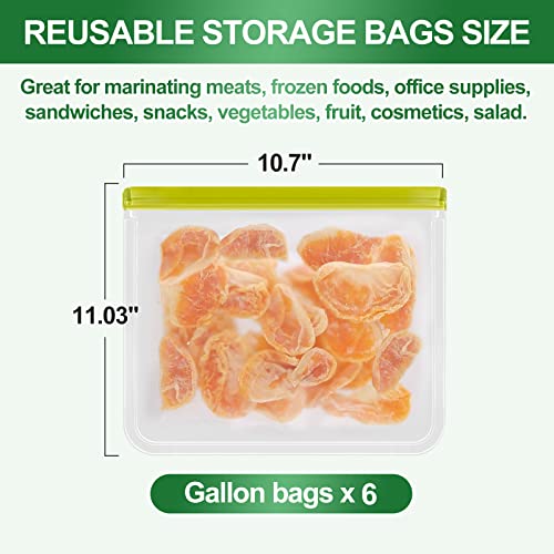 Reusable Food Storage Bags, 6 Pack Reusable Gallon Bags Seal & Leak Proof, BPA Free Reusable Freezer Bags for Travel, Marinate Meats, Fruit or food Storage