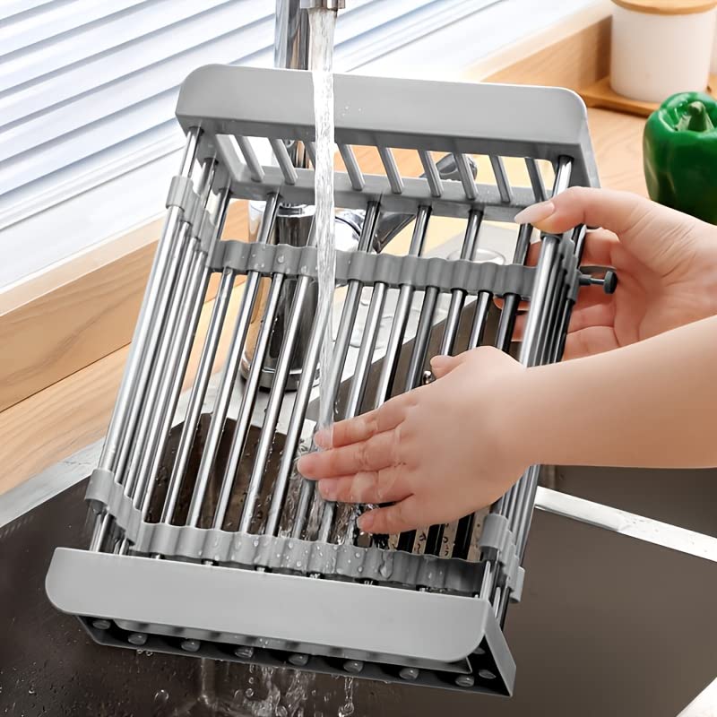 1pc Drain Rack, Stainless Steel Kitchen Basket, Home Dish Rack, Retractable Sink Shelf, 22 * 29 * 9.5cm/8.66 * 11.41 * 3.14in