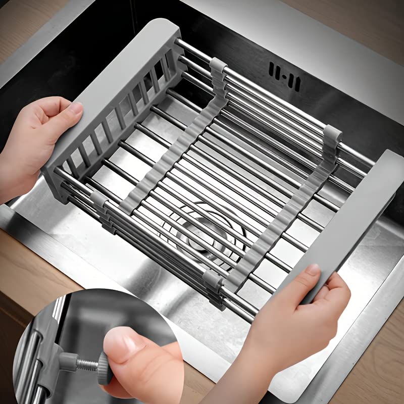 1pc Drain Rack, Stainless Steel Kitchen Basket, Home Dish Rack, Retractable Sink Shelf, 22 * 29 * 9.5cm/8.66 * 11.41 * 3.14in