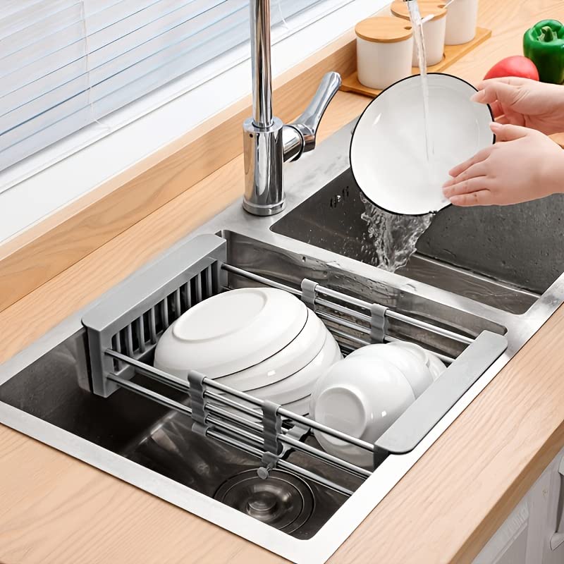 1pc Drain Rack, Stainless Steel Kitchen Basket, Home Dish Rack, Retractable Sink Shelf, 22 * 29 * 9.5cm/8.66 * 11.41 * 3.14in