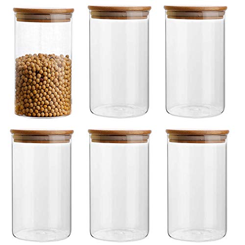 35oz/1000ml Clear Glass Food Storage Containers Set Airtight Food Jars with Bamboo Wooden Lids Kitchen Canisters For Sugar, Candy, Cookie, Rice and Spice Jars - Set of 6