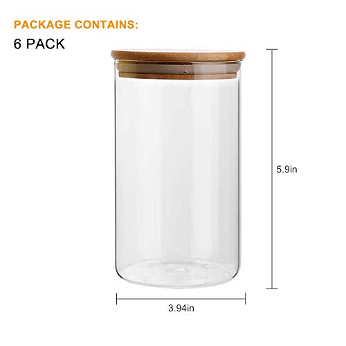 35oz/1000ml Clear Glass Food Storage Containers Set Airtight Food Jars with Bamboo Wooden Lids Kitchen Canisters For Sugar, Candy, Cookie, Rice and Spice Jars - Set of 6