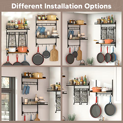 Zitaloken Hanging Pots and Pans Organizer, 2 Packs Adjustable Kitchen Shelves Wall Mounted, Pot Lid Holder Cookware & Cutting Board Storage Rack with 18 Hooks,Matte Black