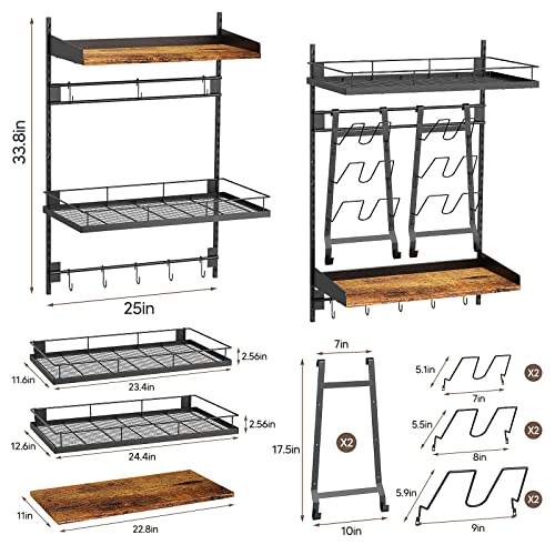 Zitaloken Hanging Pots and Pans Organizer, 2 Packs Adjustable Kitchen Shelves Wall Mounted, Pot Lid Holder Cookware & Cutting Board Storage Rack with 18 Hooks,Matte Black