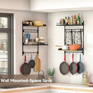 Zitaloken Hanging Pots and Pans Organizer, 2 Packs Adjustable Kitchen Shelves Wall Mounted, Pot Lid Holder Cookware & Cutting Board Storage Rack with 18 Hooks,Matte Black